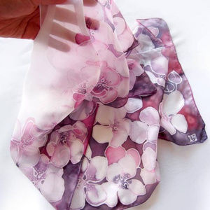 Hand-Painted Floral Silk Scarf in Pink & Purple